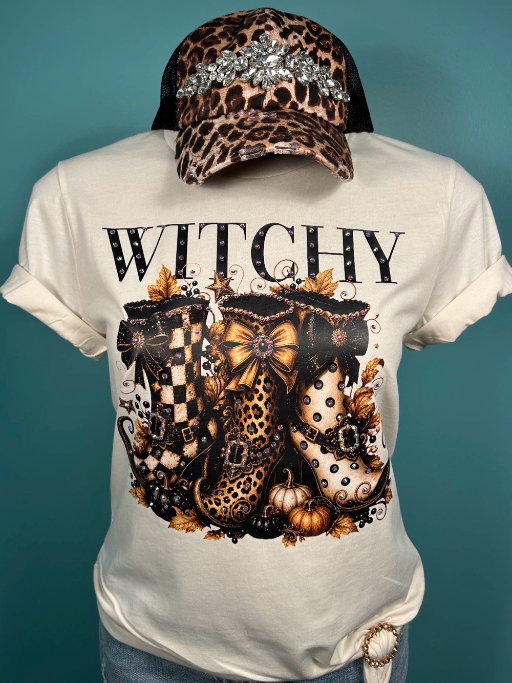 Glitz glam witchy witch Halloween rhinestone necklace graphic tunic top tee top